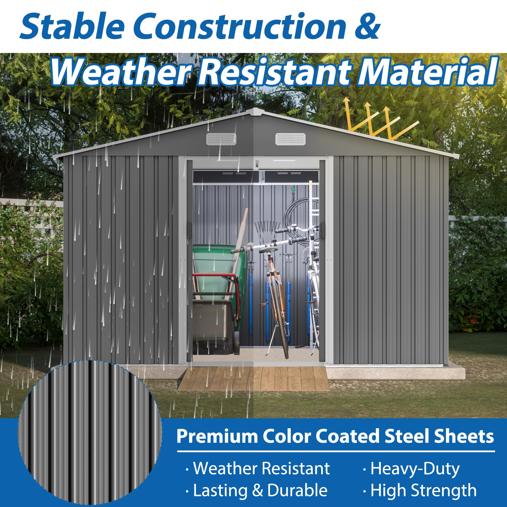 Favfurish 10×8 FT Metal Outdoor Storage Shed, Large Garden Sheds with Metal Foundation & Lockable Doors, All Weather Anti-Corrosion Galvanized Steel Tool House for Backyard Garden Lawn,Grey