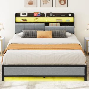 dwvo led bed frame queen size, upholstered bed frame featuring bookcase headboard storage, platform bed frame with built-in charging station, no requirement for box spring, simple assembly, gray