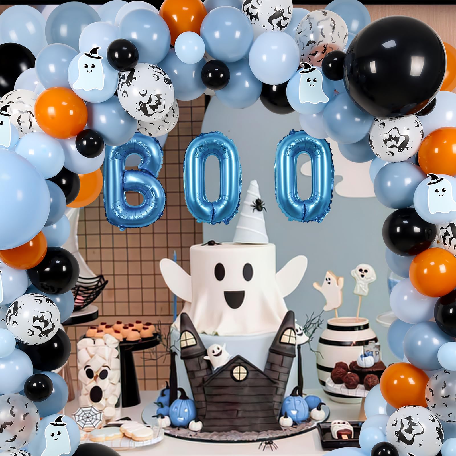 Halloween Baby Shower Decorations for Boy, Halloween Balloon Arch Blue with Cute Ghost-pattern Card For Halloween Theme Baby Shower Decorations Happy BOO Day Party Decorations