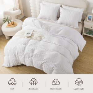 HYLEORY White Duvet Cover Queen Size, 3 Pieces (1 Duvet Cover + 2 Pillow Cases) Soft Washed Microfiber Duvet Cover Seersucker Duvet Cover Set with Zipper Closure and Corner Ties for All Seasons