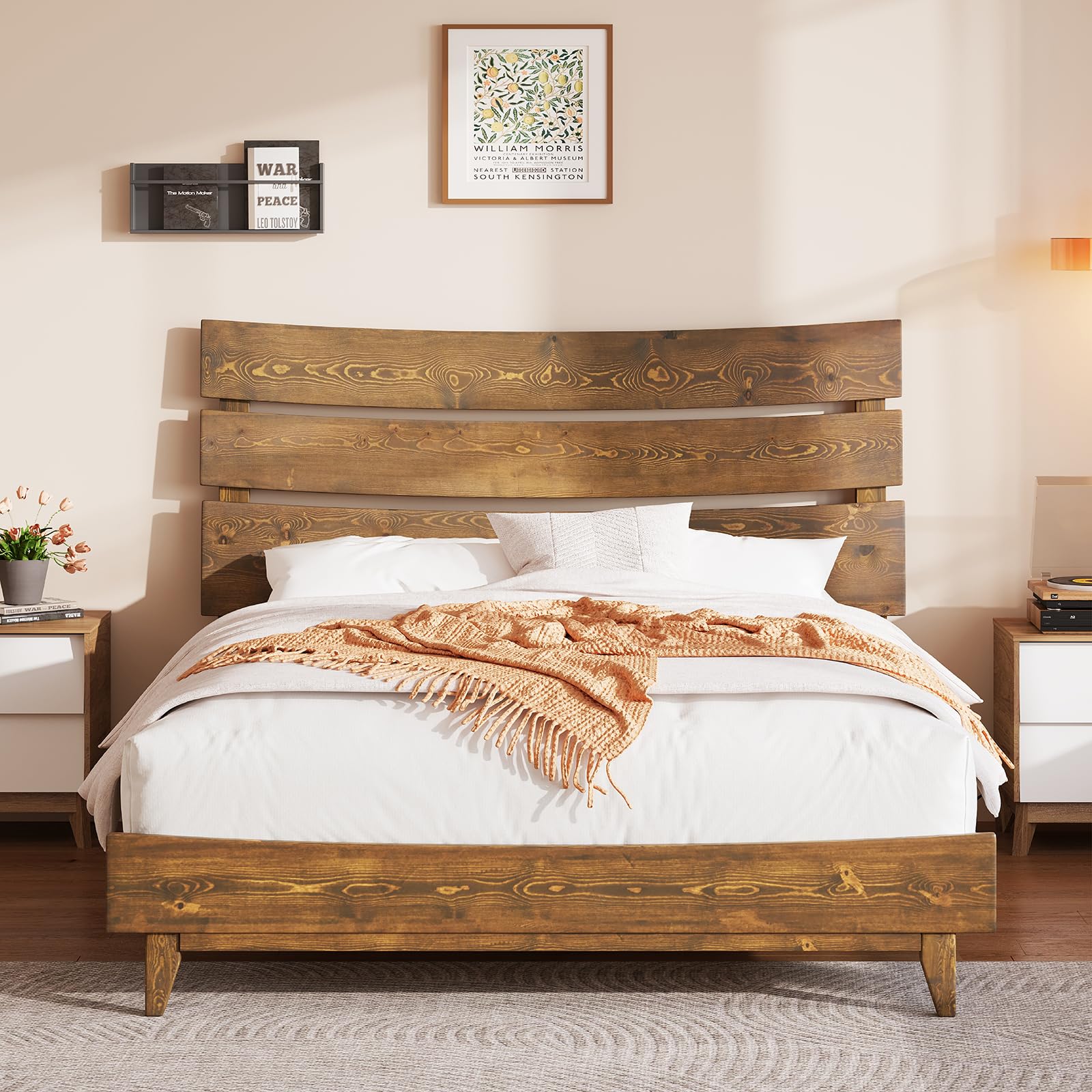 AMERLIFE Queen Size Solid Wood Platform Bed Frame with Wooden Headboard, No Box Spring Needed, Easy Assembly, Caramel