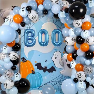 Halloween Baby Shower Decorations for Boy, Halloween Balloon Arch Blue with Cute Ghost-pattern Card For Halloween Theme Baby Shower Decorations Happy BOO Day Party Decorations