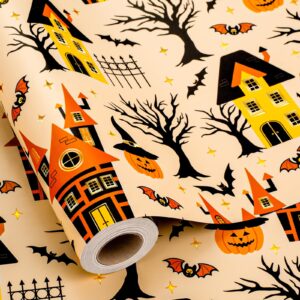 yarcony halloween wrapping paper roll - 17 inch x 33 feet - metallic foil classic orange haunted house, pumpkin and bat pattern gift wrap paper sheet for halloween's day, holiday decorations, birthday