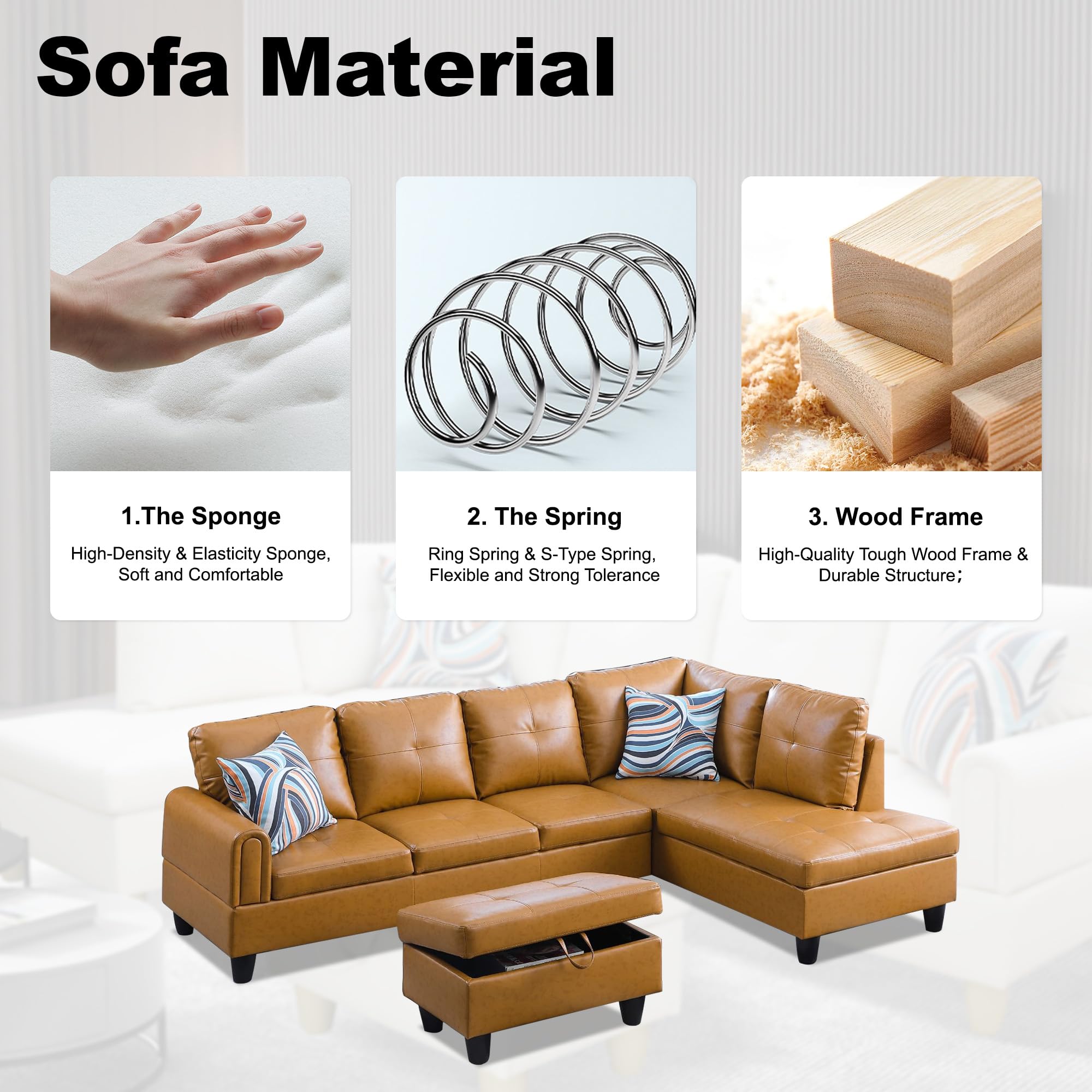 Dormily Ginger Faux Leather L Shaped Sofa Set, Leather Sectional Couch Set with Storage Ottoman, Ginger Sectional Couch Set Furniture for Living Room, Office, Apartment