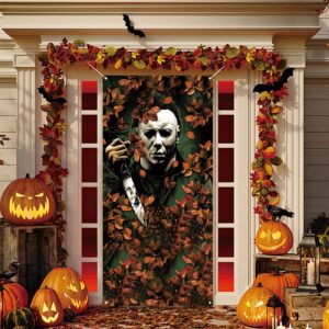 Michael Myers Door Cover Scary Creepy Halloween Photo Backdrop Halloween Birthday Party Decorations and Supplies for Home