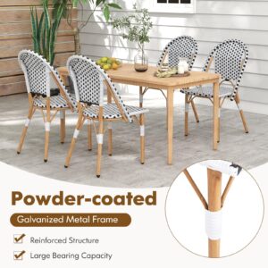 Tangkula French Bistro Chair Set of 4, Outdoor Armless Dining Chairs with Hand-Woven Rattan, Accent Chairs with Galvanized Metal Frame for Garden Kitchen Backyard Porch (Black & White)