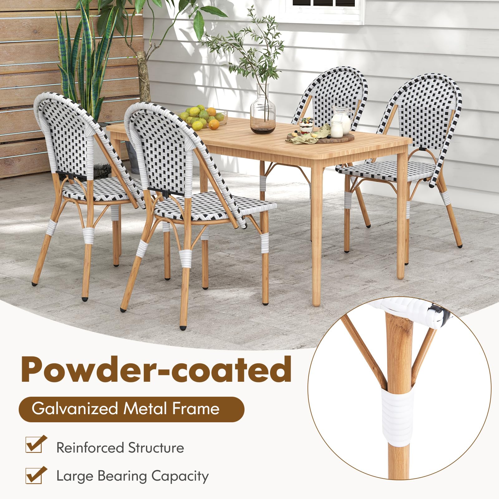 Tangkula French Bistro Chair Set of 4, Outdoor Armless Dining Chairs with Hand-Woven Rattan, Accent Chairs with Galvanized Metal Frame for Garden Kitchen Backyard Porch (Black & White)