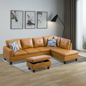 dormily ginger faux leather l shaped sofa set, leather sectional couch set with storage ottoman, ginger sectional couch set furniture for living room, office, apartment