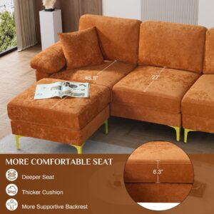 Wrofly L Shaped Sectional Sofa Couch, 88.5" Comfy Upholstered Velvet 3 Seat Sofa Set with Convertible Ottoman & 2 Pillows, Modern Deep Seat Cloud Couch for Living Room Office Apartment, Orange