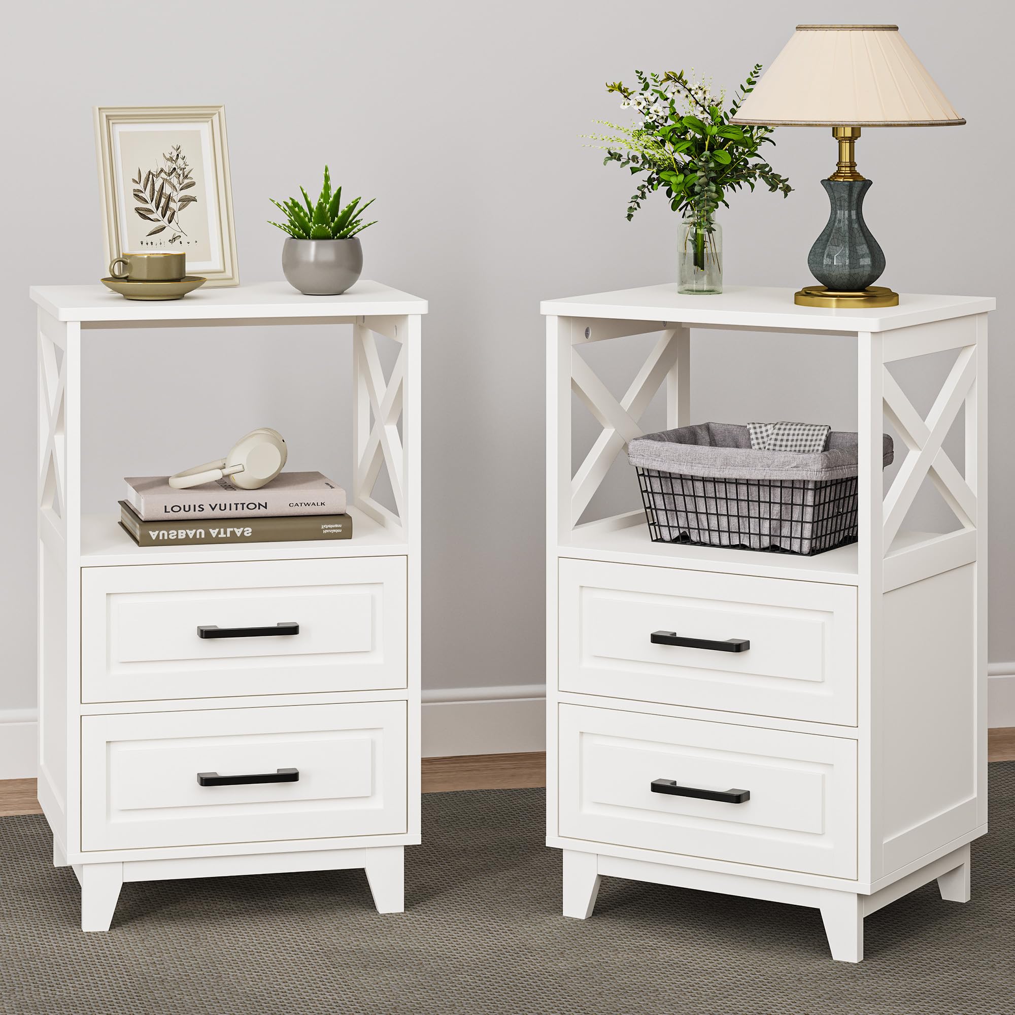 RoyalCraft Tall Nightstand Set of 2, Side Table with 2 Drawers and Open Shelf, Bedside Table with Solid Feet, Modern Night Stand End Table for Bedroom, Home Office, White