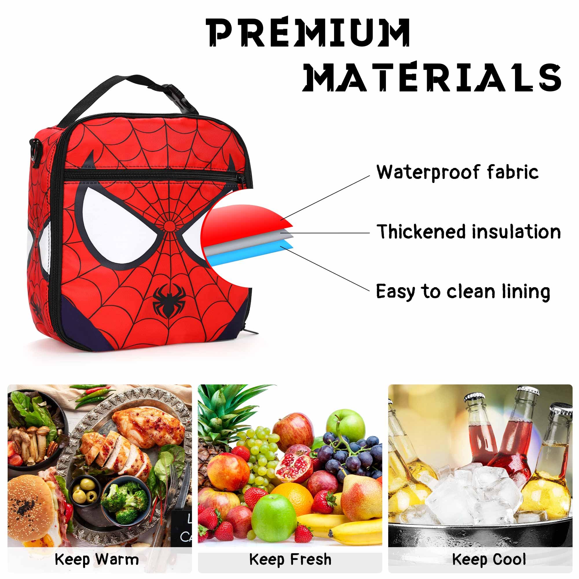 Yeeqoux Spider Lunch Bag with Stickers - 10 Inch Cartoon Superhero Insulated Lunchbox Stickers Large Capacity Waterproof Reusable Lunch Bag Back to School Birthday Gifts for Kids Boys Girls Adults