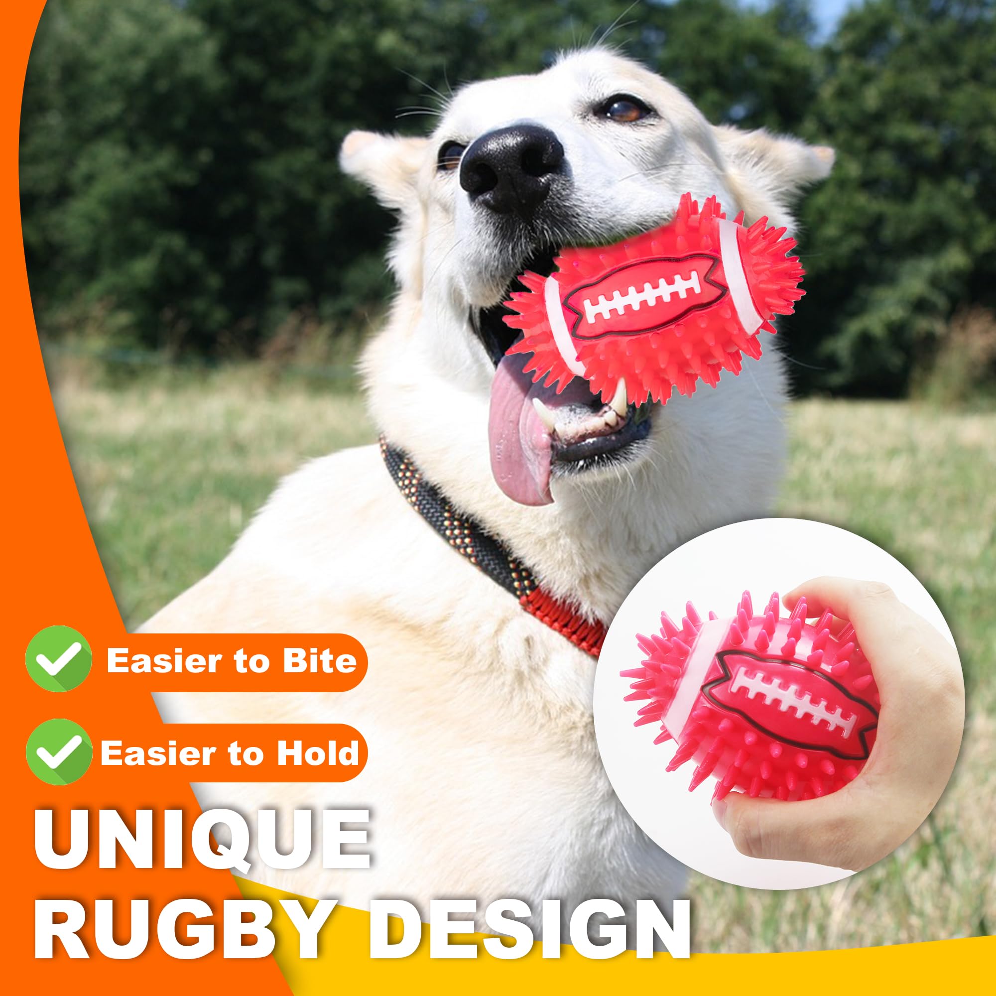 GHOBROFY 4.3” Dog Squeaky Football Toys 4 Pack, Interactive and Durable Spiky Dog Balls for Medium Large Dogs with Rugby Shape, Built-in Squeaker for Teeth Cleaning and Training