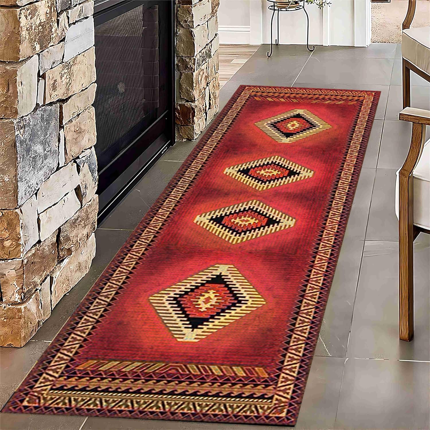 PDENZG Native American Runner Rug, 2x7ft, Machine Washable Rug for Hallway, Soft Large Runner Rugs with Anti-Slip Backing, Vintage Style Cabin Rug for Bedroom, Living Room, Dining Room Entrance