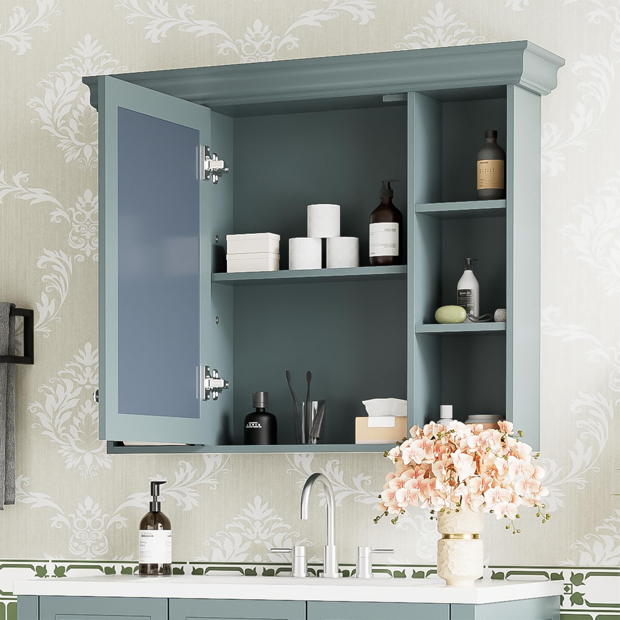 Merax Country Bathroom Medicine Cabinet with Mirror, Farmhouse Wall Mounted Medicine Cabinet with Door and Shelves, Over The Toilet Mirrored Bathroom Storage Wall Cabinet