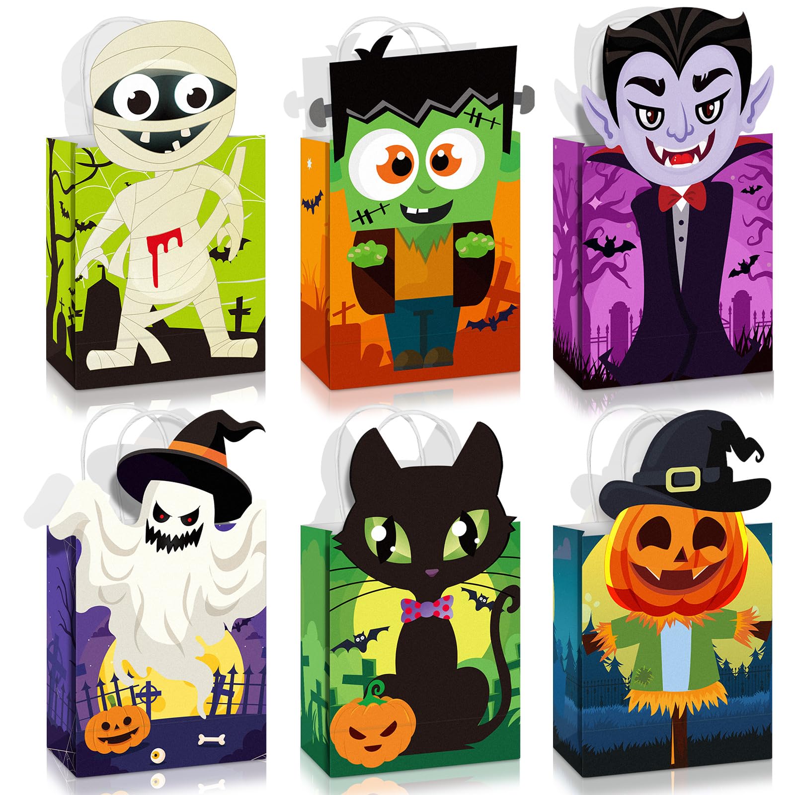 Lincia 24 Pcs Halloween Treat Bags Halloween Candy Bags Bulk Different Shaped Halloween Bags with Handle Wrap Bags for Trick or Treat Party Decor Holiday Birthday Party Favor Goodie Snack