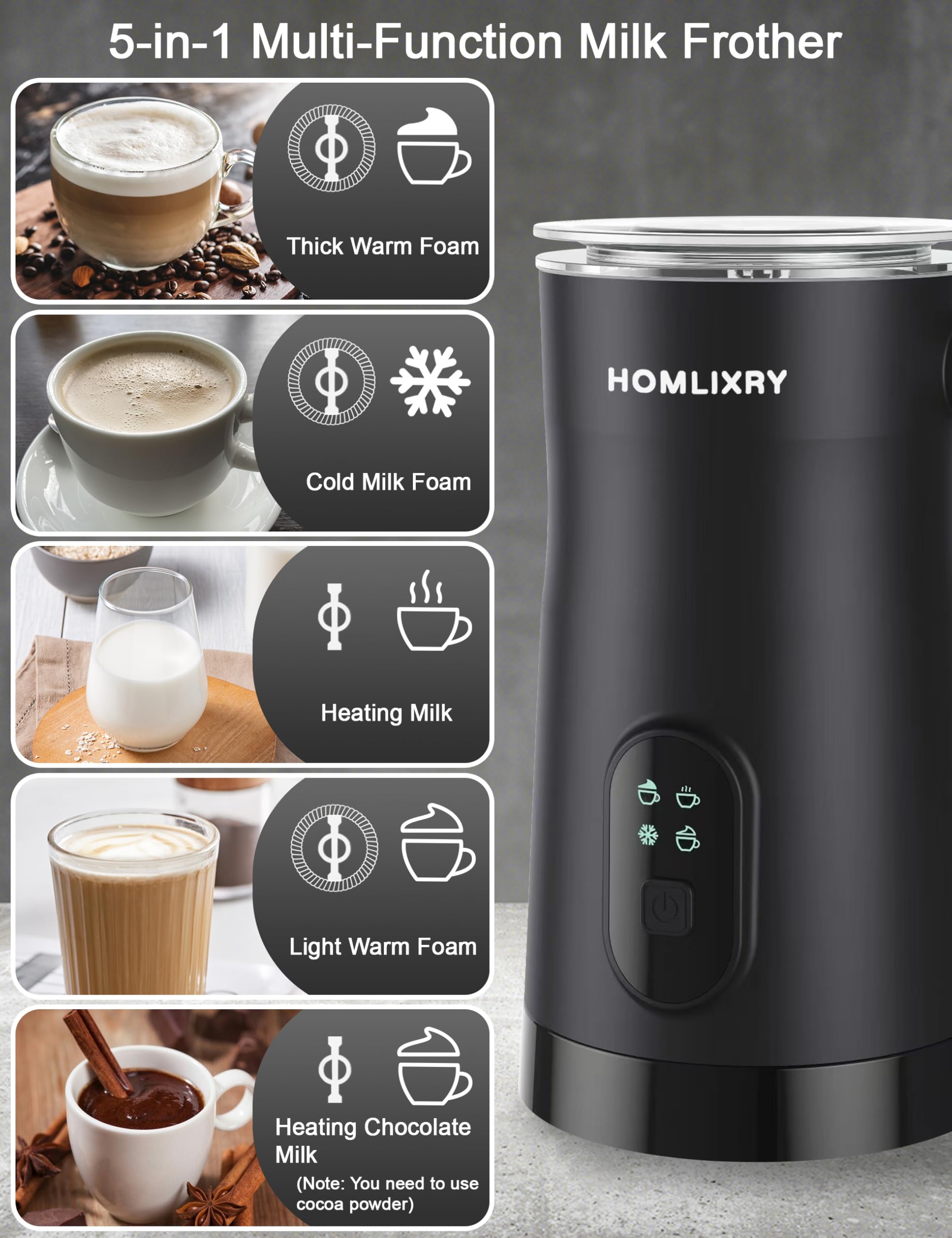 Electric Milk Frother, 4 in 1 Milk Frother and Steamer, 11.8oz/350ml Automatic Warm and Cold Foam Maker, Auto Shut-Off, Coffee Frother for Coffee, Latte, Cappuccino, Macchiato, Hot Chocolate(Black)