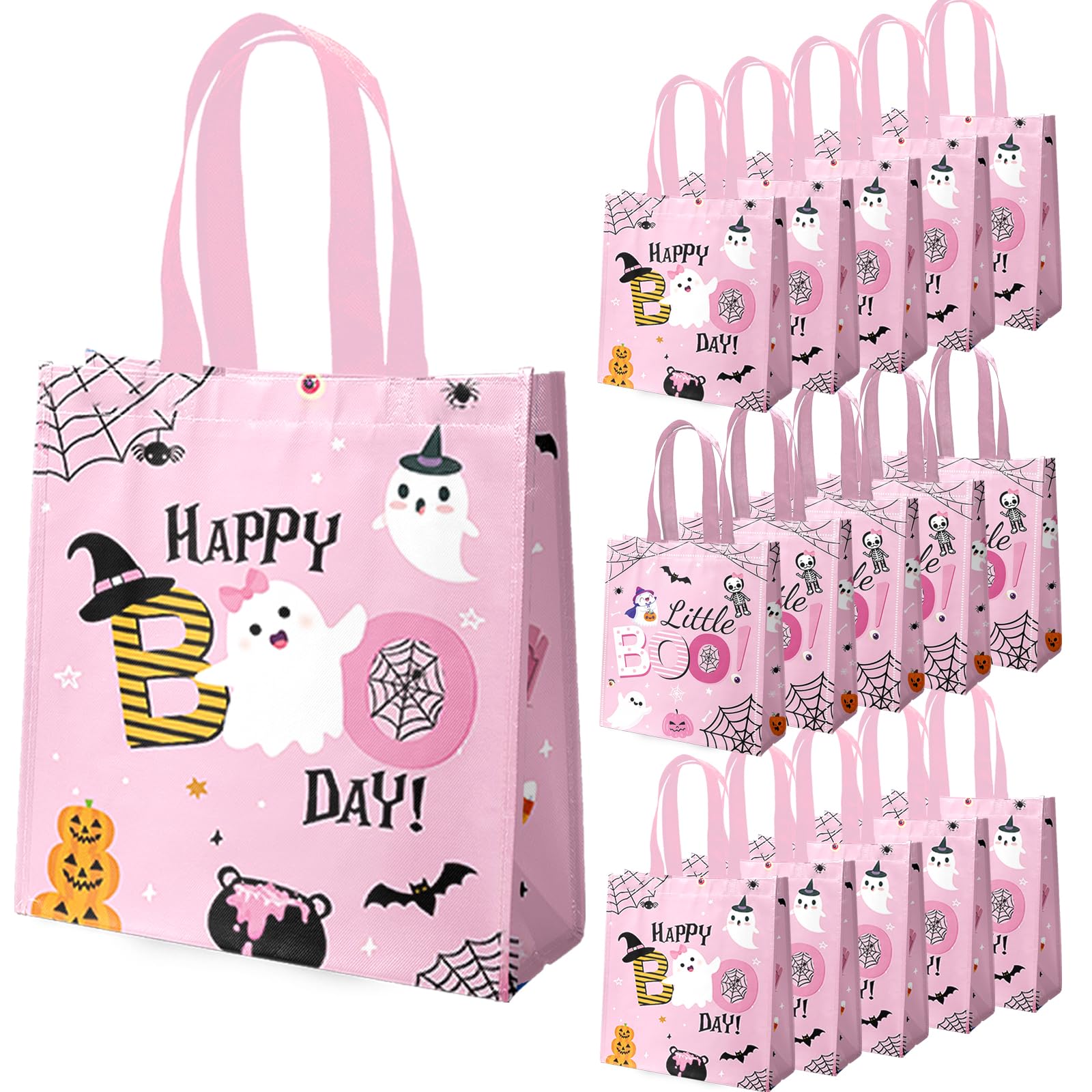 HABDJILTY 20PCS Pink Halloween Bags Little Boo Bags,Little Boo Non-woven Gift Bags with Handle Treat Bags for Halloween Party Kids Theme Birthday Baby Shower Party Favors.