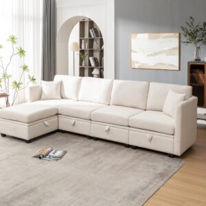 Nixorien Modular Sectional Sofa,U Shaped L Shaped Sectional Couch with Storage 5 Seats,Adjustable Backrest,Convertible Sectional Couch for Living Room (Beige)