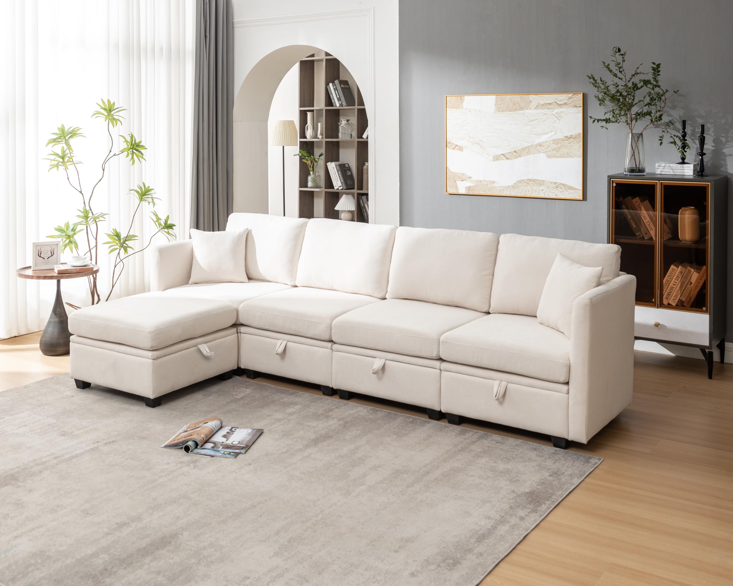 Nixorien Modular Sectional Sofa,U Shaped L Shaped Sectional Couch with Storage 5 Seats,Adjustable Backrest,Convertible Sectional Couch for Living Room (Beige)