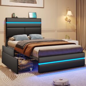 msmask twin bed frames with led lights and 4 drawers, upholstered platform bed frame twin size with lighted storage headboard & footboard, modern black futuristic led bed frame, no box spring needed