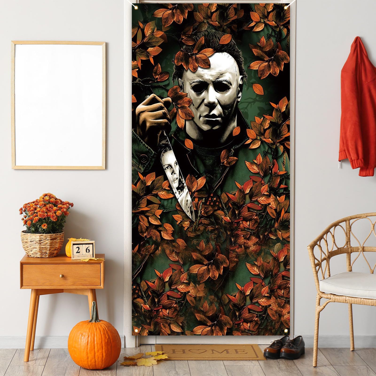 Michael Myers Door Cover Scary Creepy Halloween Photo Backdrop Halloween Birthday Party Decorations and Supplies for Home