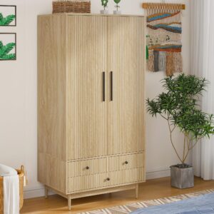 mxtxmy armoire wardrobe closet with 2 fluted doors,64.96" wooden clothes storage cabinet with hanging rod and shelf storage,wardrobe cabinet with 3 drawers,freestanding closet for bedroom,natural