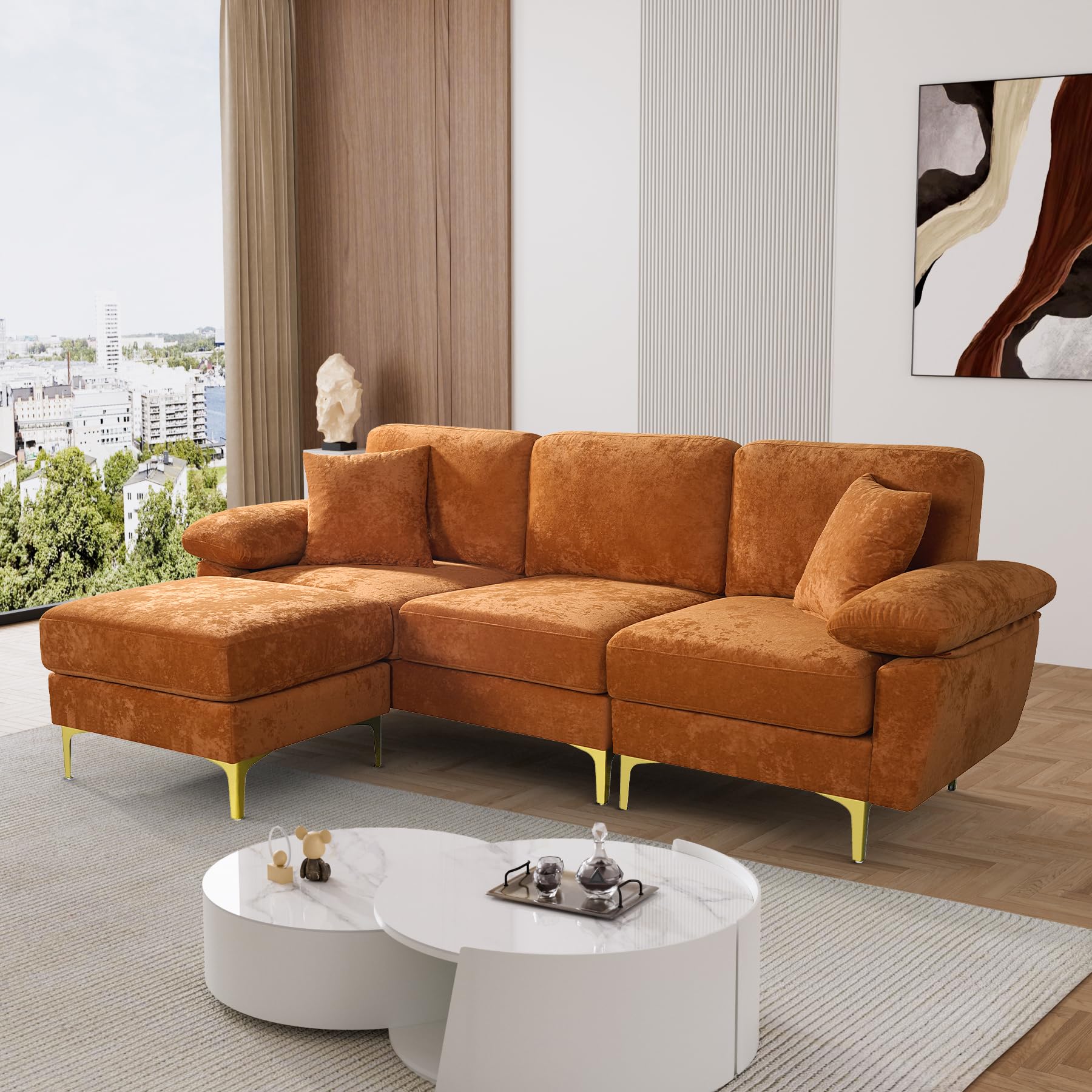 Wrofly L Shaped Sectional Sofa Couch, 88.5" Comfy Upholstered Velvet 3 Seat Sofa Set with Convertible Ottoman & 2 Pillows, Modern Deep Seat Cloud Couch for Living Room Office Apartment, Orange