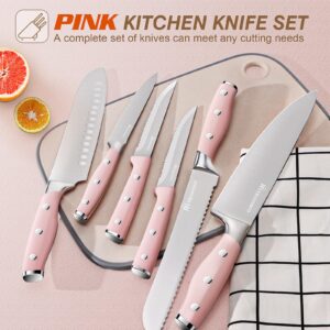 Pink Knife Set,15 Pieces Professional Kitchen Knife Set with Universal Knife Block, Super Sharp Knife Set with Ergonomic Handle Non-stick Stainless Steel Knife Block Set (Pink-15 Pieces)