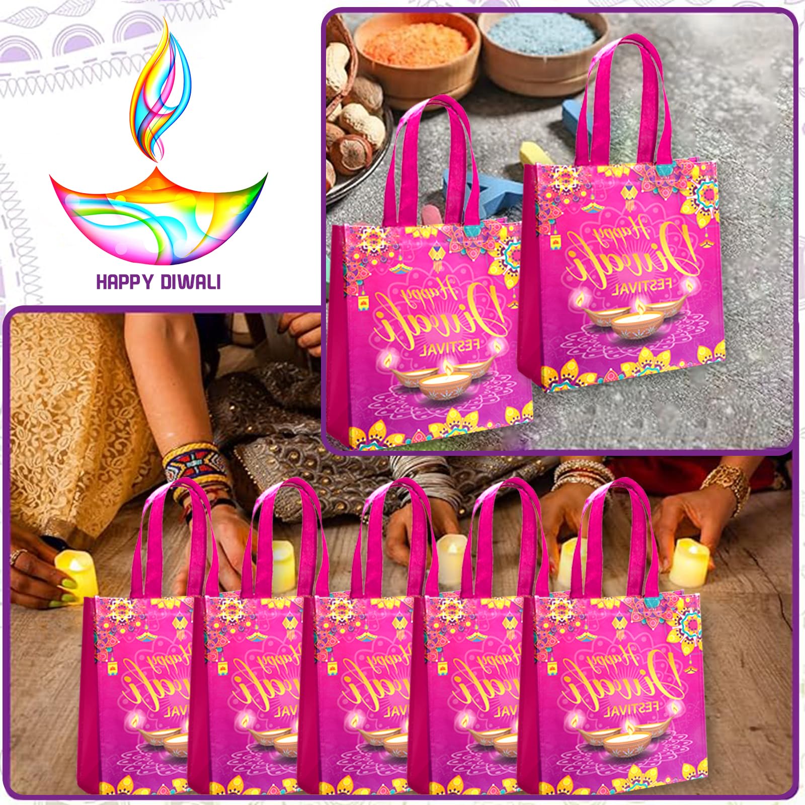 HABDJILTY 20PCS Diwali Gift Bags,Happy Diwali Non-woven Gift Bags with Handle Treat Bags for Indian Diwali Light Festival Party Decorations Favors.