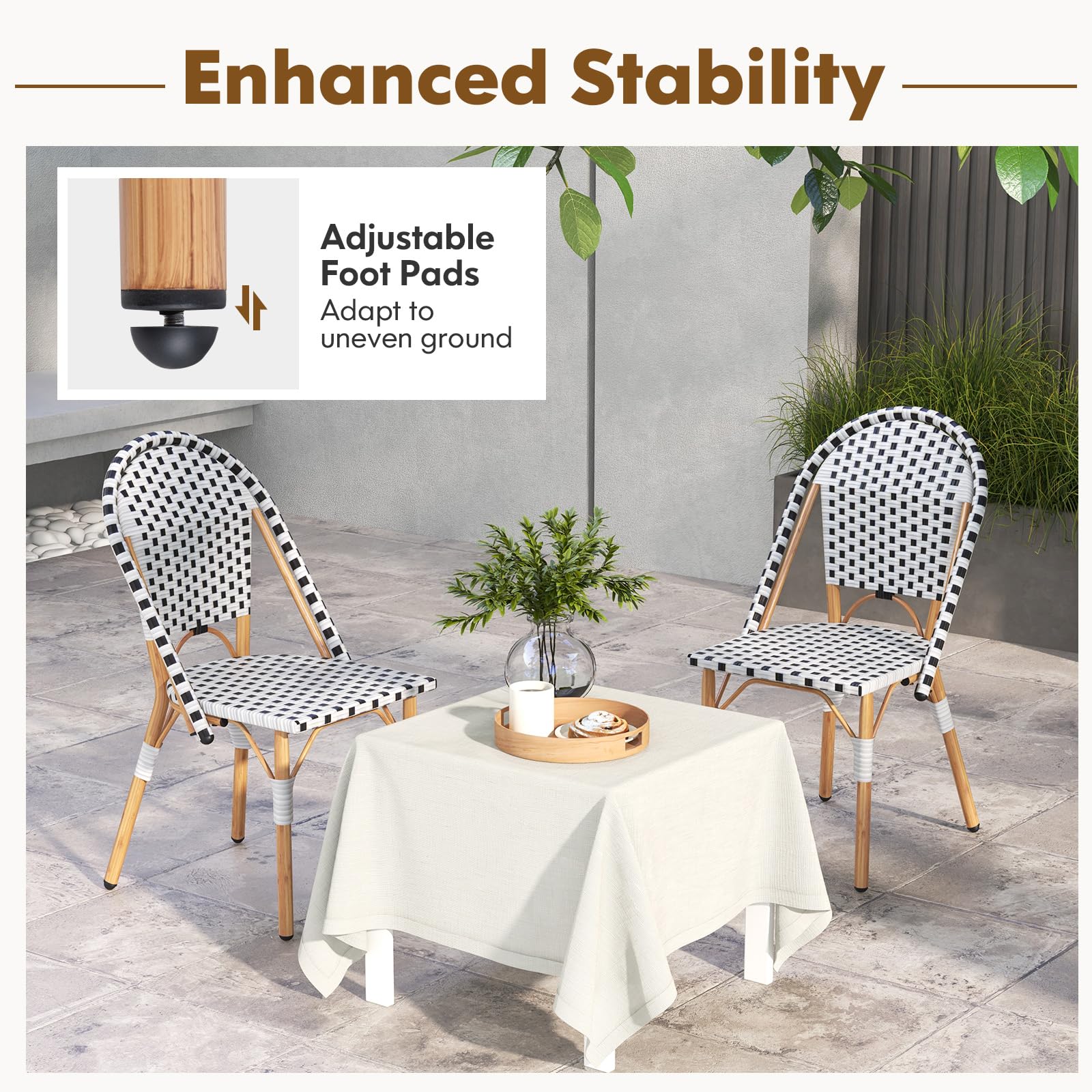 Tangkula French Bistro Chair Set of 4, Outdoor Armless Dining Chairs with Hand-Woven Rattan, Accent Chairs with Galvanized Metal Frame for Garden Kitchen Backyard Porch (Black & White)