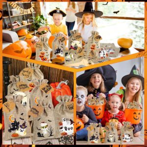 HUAERLE 25 Packs Halloween Burlap Bags, Halloween Burlap Gift Bags with Pumpkin Cards, Halloween Linen Jute Bag, 4''x6'' Drawstring Gift Bag, Trick or Treat Drawstring Bags for Halloween Party Favor