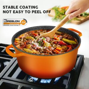 Dutch Oven Pot with Lid(7.5QT, 11"), Non-Stick Dutch Oven for Bread Baking, German 3C+ Ceramic Coating for No Chemical Cooking, Cast Aluminum & Oven Safe & Dishwasher Safe(Orange)