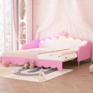 softsea twin upholstered princess daybed with led lights, girls princess daybed with extendable trundle, twin to king faux leather daybed frame with crown headboard for kids teens audlts, pink