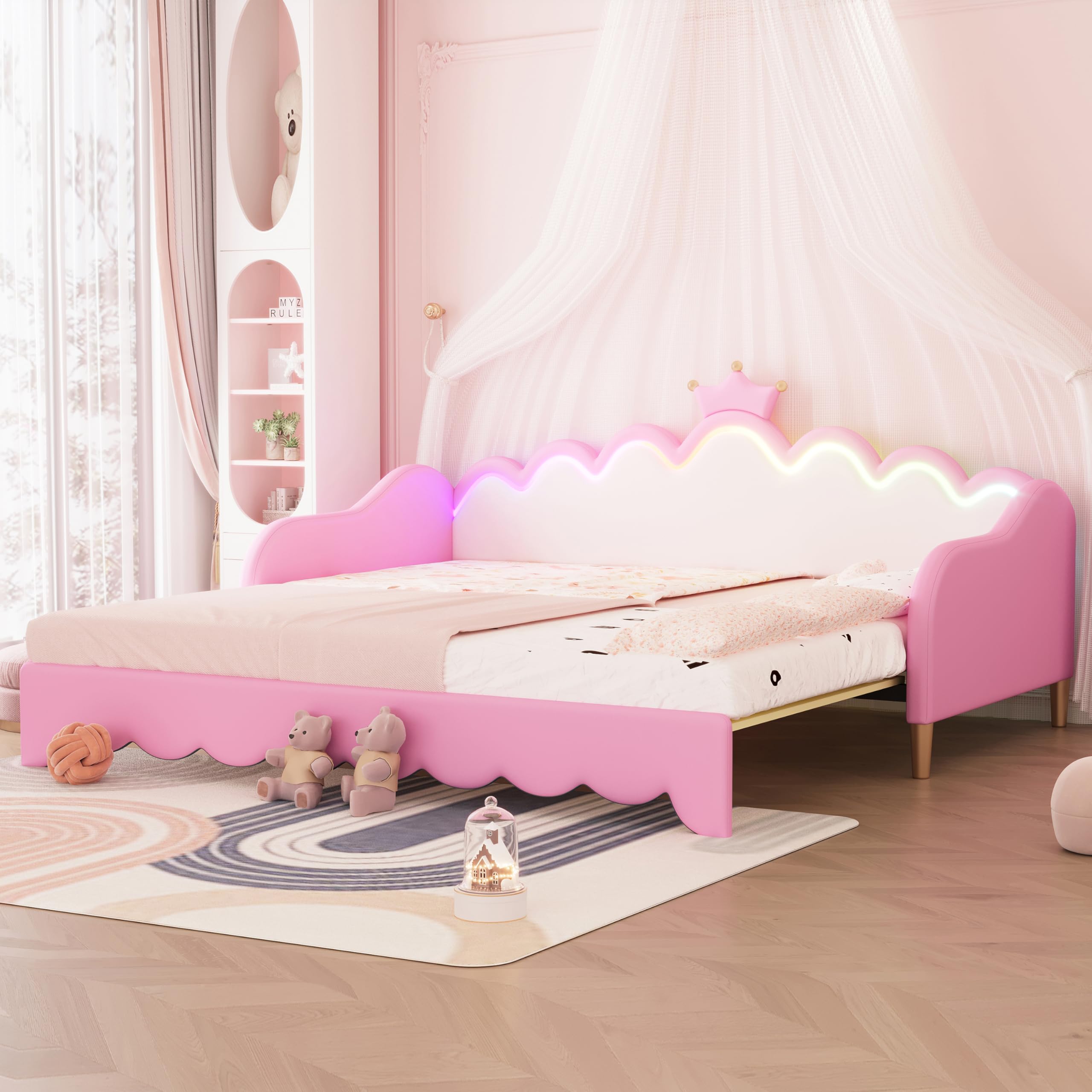 SOFTSEA Twin Upholstered Princess Daybed with LED Lights, Girls Princess Daybed with Extendable Trundle, Twin to King Faux Leather Daybed Frame with Crown Headboard for Kids Teens Audlts, Pink