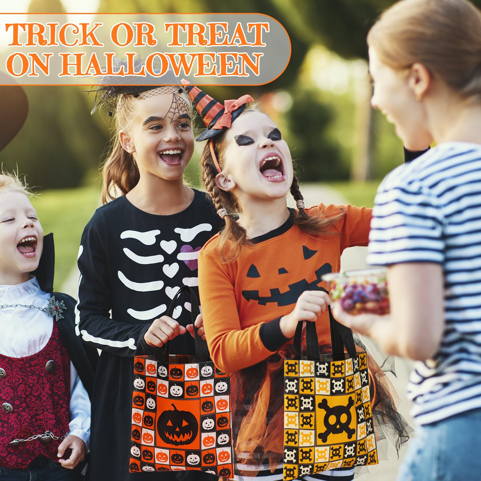 Ribbonlic 48 Pcs Halloween Treats Bags Halloween Tote Gift Bags Reusable Candy Goodie Bags for Halloween Party Favors(Creative Style)