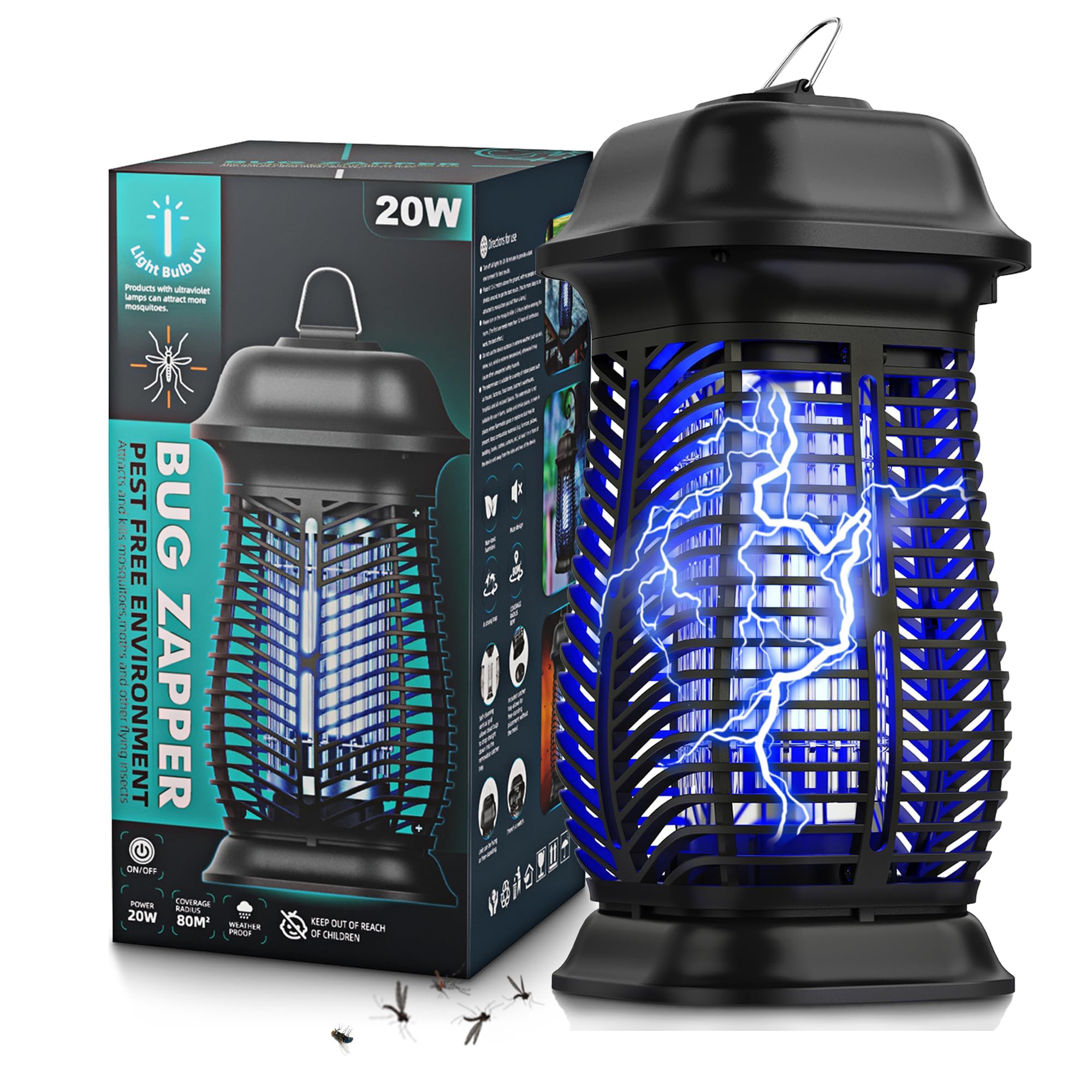 20W Bug Zapper Outdoor, Fly Traps for Indoors with Powerful 3U Shape Light Bulb, Waterproof Fly Zapper, Electric Mosquito Killer for Home, Backyard, Patio (100, Volts)