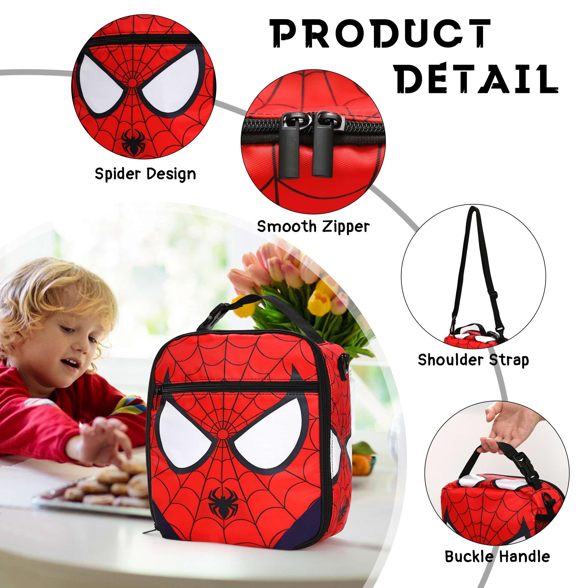 Yeeqoux Spider Lunch Bag with Stickers - 10 Inch Cartoon Superhero Insulated Lunchbox Stickers Large Capacity Waterproof Reusable Lunch Bag Back to School Birthday Gifts for Kids Boys Girls Adults