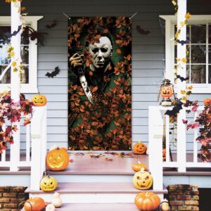 Michael Myers Door Cover Scary Creepy Halloween Photo Backdrop Halloween Birthday Party Decorations and Supplies for Home