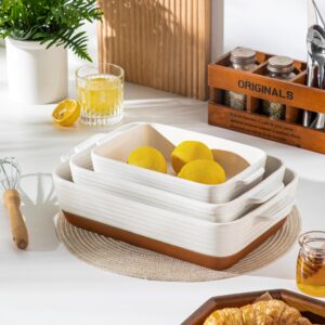 MALACASA Casserole Dishes for Oven, Ceramic Baking Dishes Set of 3, Baking Pan Casserole Dish Set, Rectangular Lasagna Pan Deep with Handles for Baking, Khaki White (14.5''/13''/10.5''), Series TARA