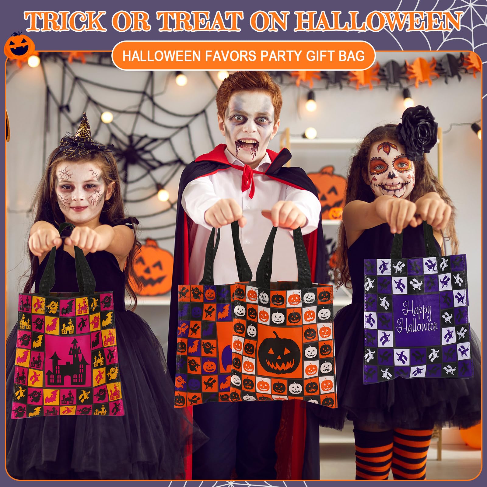 Ribbonlic 48 Pcs Halloween Treats Bags Halloween Tote Gift Bags Reusable Candy Goodie Bags for Halloween Party Favors(Creative Style)