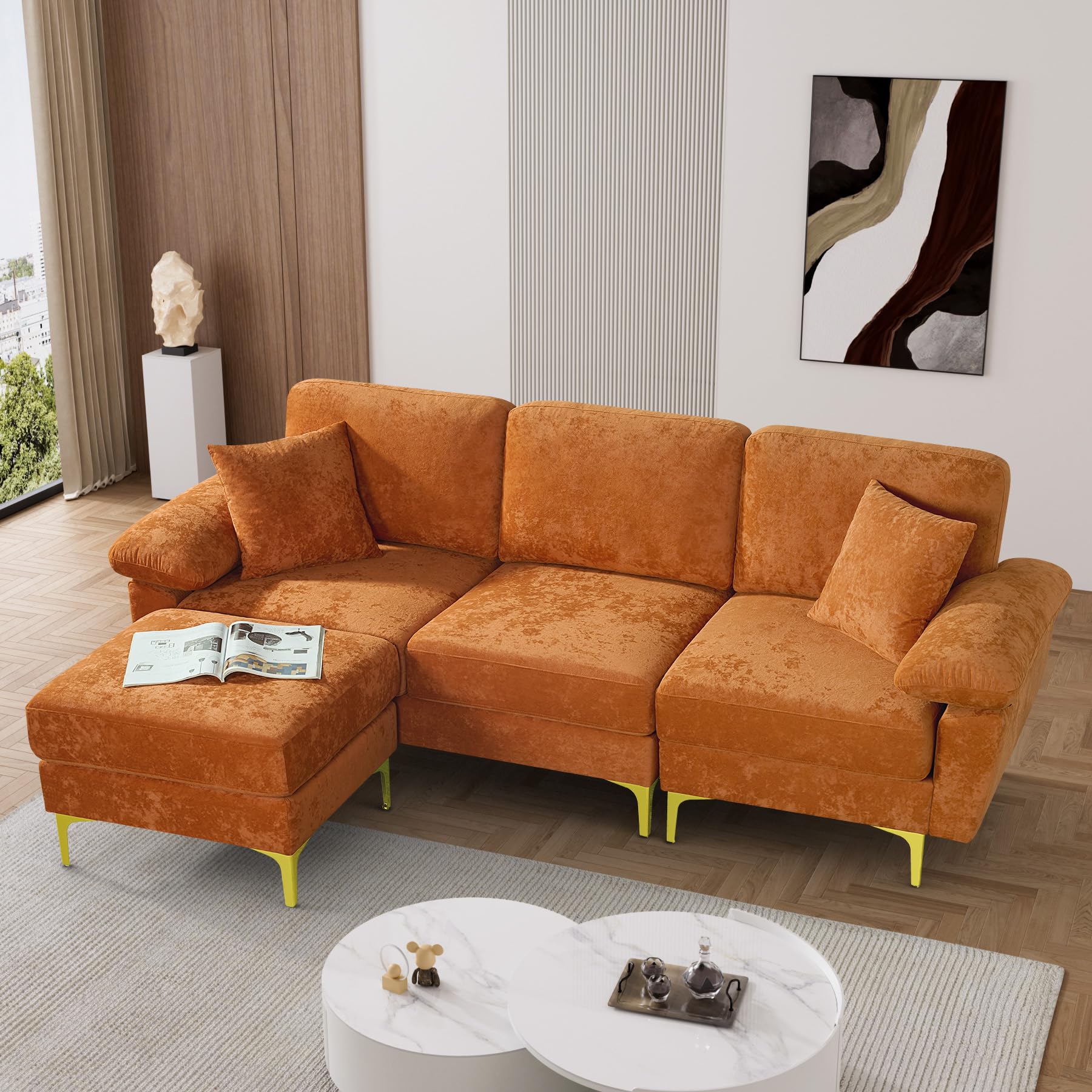 Wrofly L Shaped Sectional Sofa Couch, 88.5" Comfy Upholstered Velvet 3 Seat Sofa Set with Convertible Ottoman & 2 Pillows, Modern Deep Seat Cloud Couch for Living Room Office Apartment, Orange