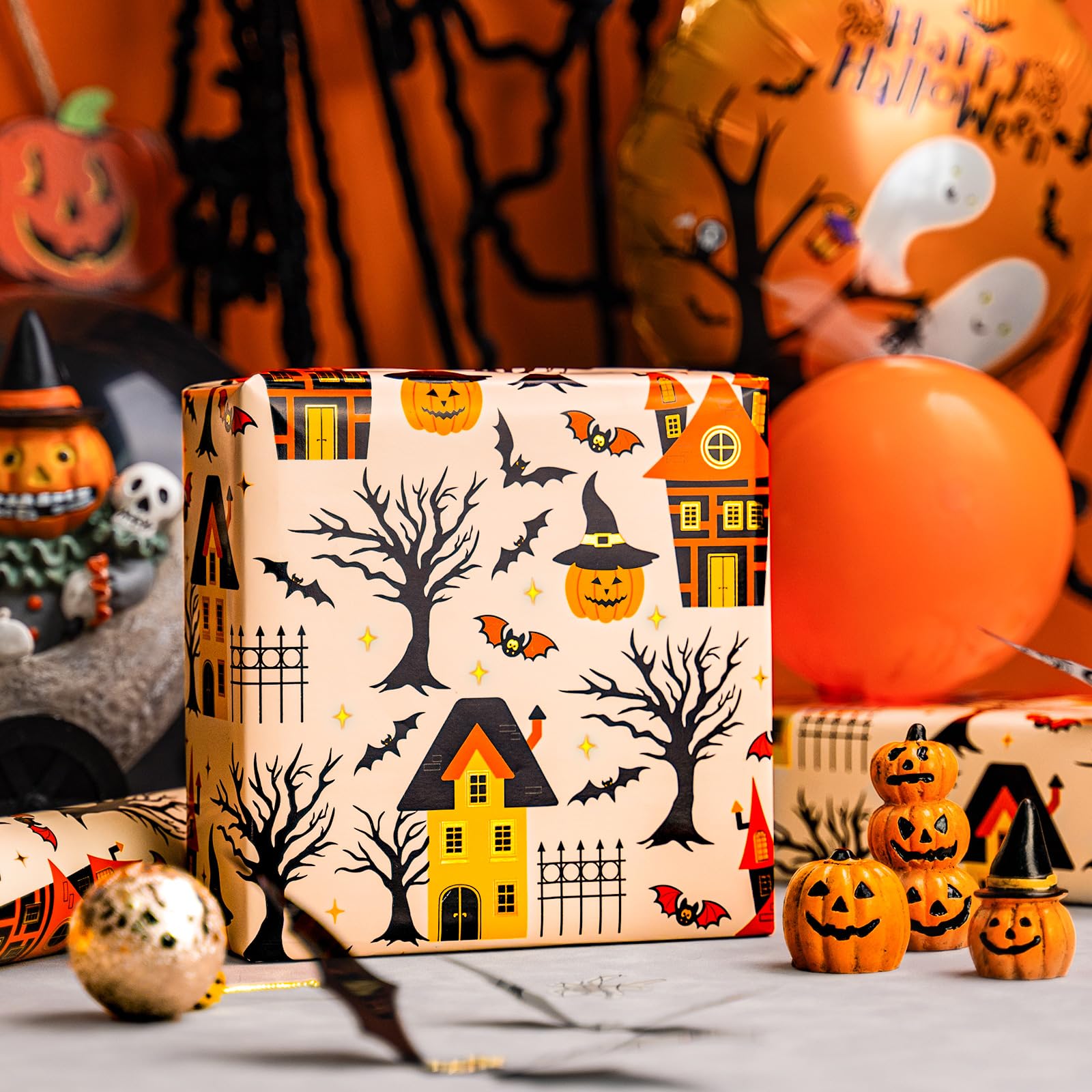 Yarcony Halloween Wrapping Paper Roll - 17 Inch X 33 Feet - Metallic Foil Classic Orange Haunted House, Pumpkin and Bat Pattern Gift Wrap Paper Sheet for Halloween's Day, Holiday Decorations, Birthday