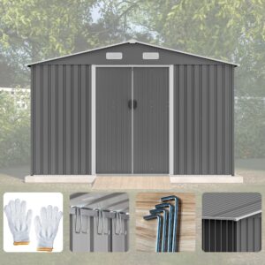 Favfurish 10×8 FT Metal Outdoor Storage Shed, Large Garden Sheds with Metal Foundation & Lockable Doors, All Weather Anti-Corrosion Galvanized Steel Tool House for Backyard Garden Lawn,Grey