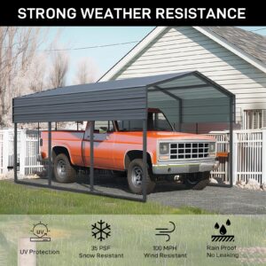 10x15 Ft Metal Carport, Heavy Duty Car Port with Galvanized Steel Roof, Outdoor Car Garage, Large Carport Canopy, Steel Car Shelter for Car, Boats and Truck, Charcoal Black