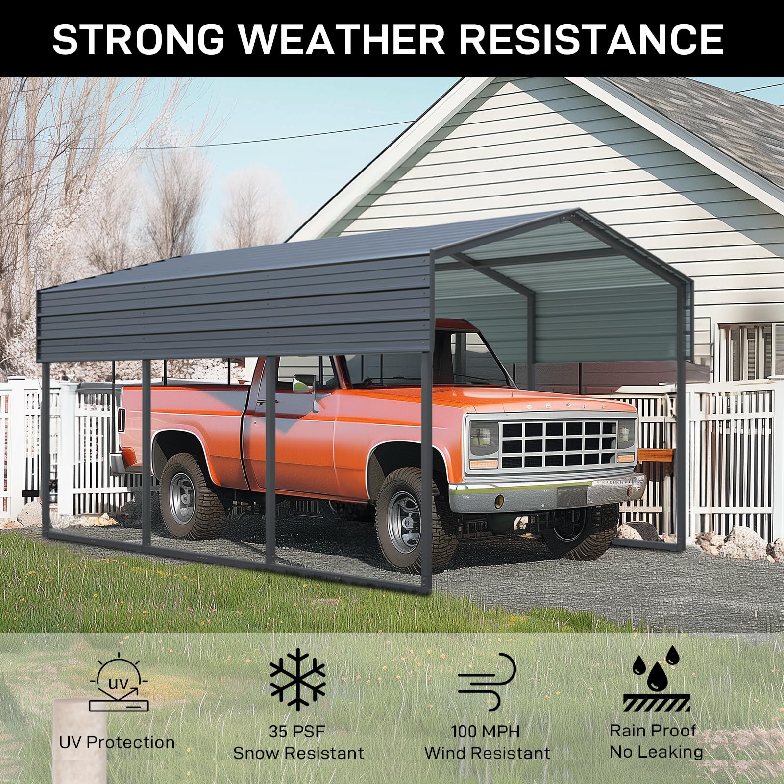 10x15 Ft Metal Carport, Heavy Duty Car Port with Galvanized Steel Roof, Outdoor Car Garage, Large Carport Canopy, Steel Car Shelter for Car, Boats and Truck, Charcoal Black