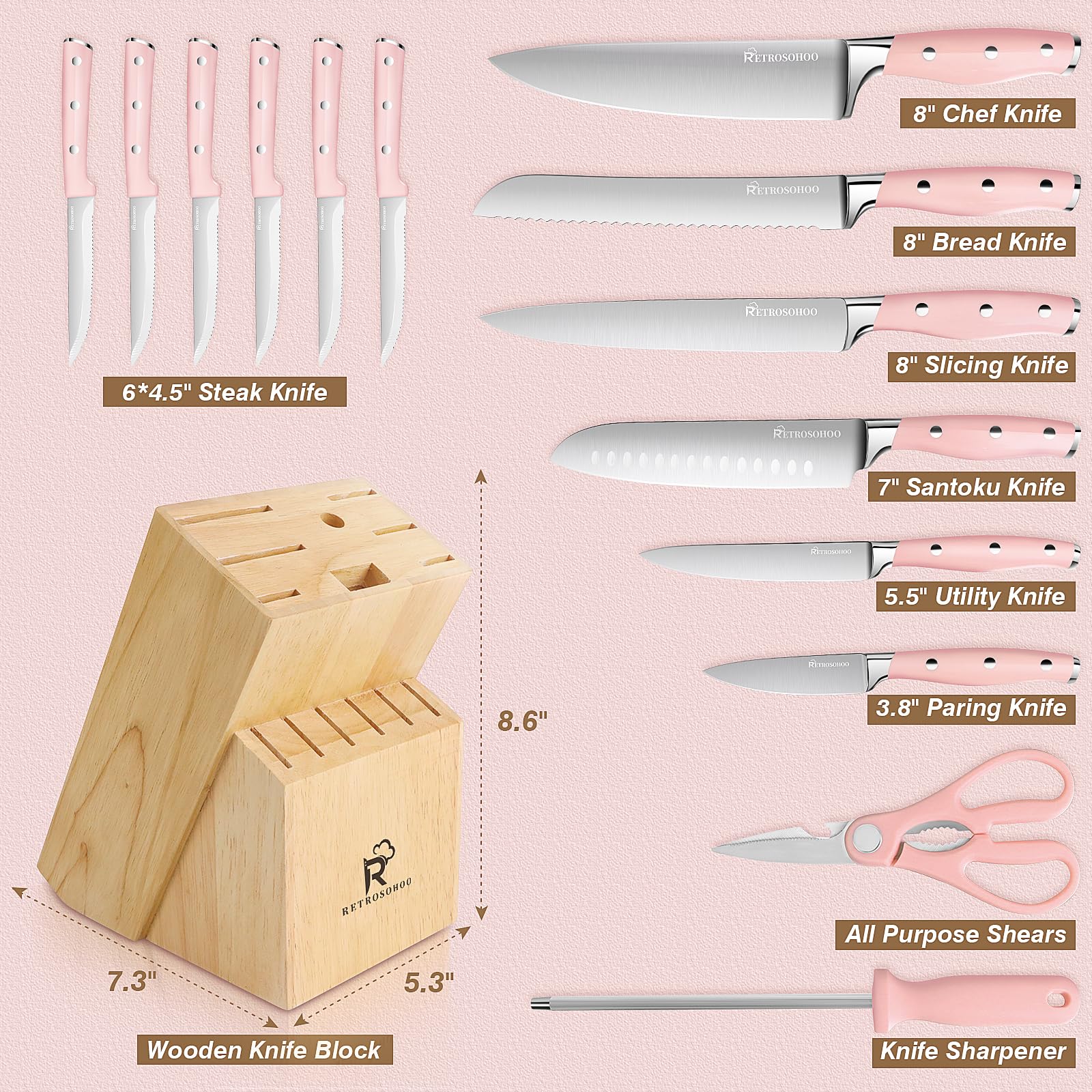 Pink Knife Set,15 Pieces Professional Kitchen Knife Set with Universal Knife Block, Super Sharp Knife Set with Ergonomic Handle Non-stick Stainless Steel Knife Block Set (Pink-15 Pieces)