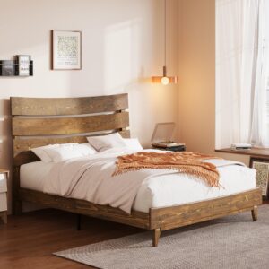 amerlife queen size solid wood platform bed frame with wooden headboard, no box spring needed, easy assembly, caramel