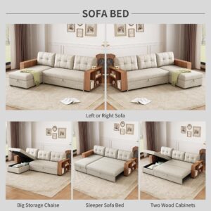 Favfurish 84" Convertible Sectional Couch with Pull Out Bed and Storage Chaise,L Shaped Sleeper Sofa W/Wood Cabinet Armrests&Removable Back Cushions,Living Room Furniture for Home,Office,Dark Beige