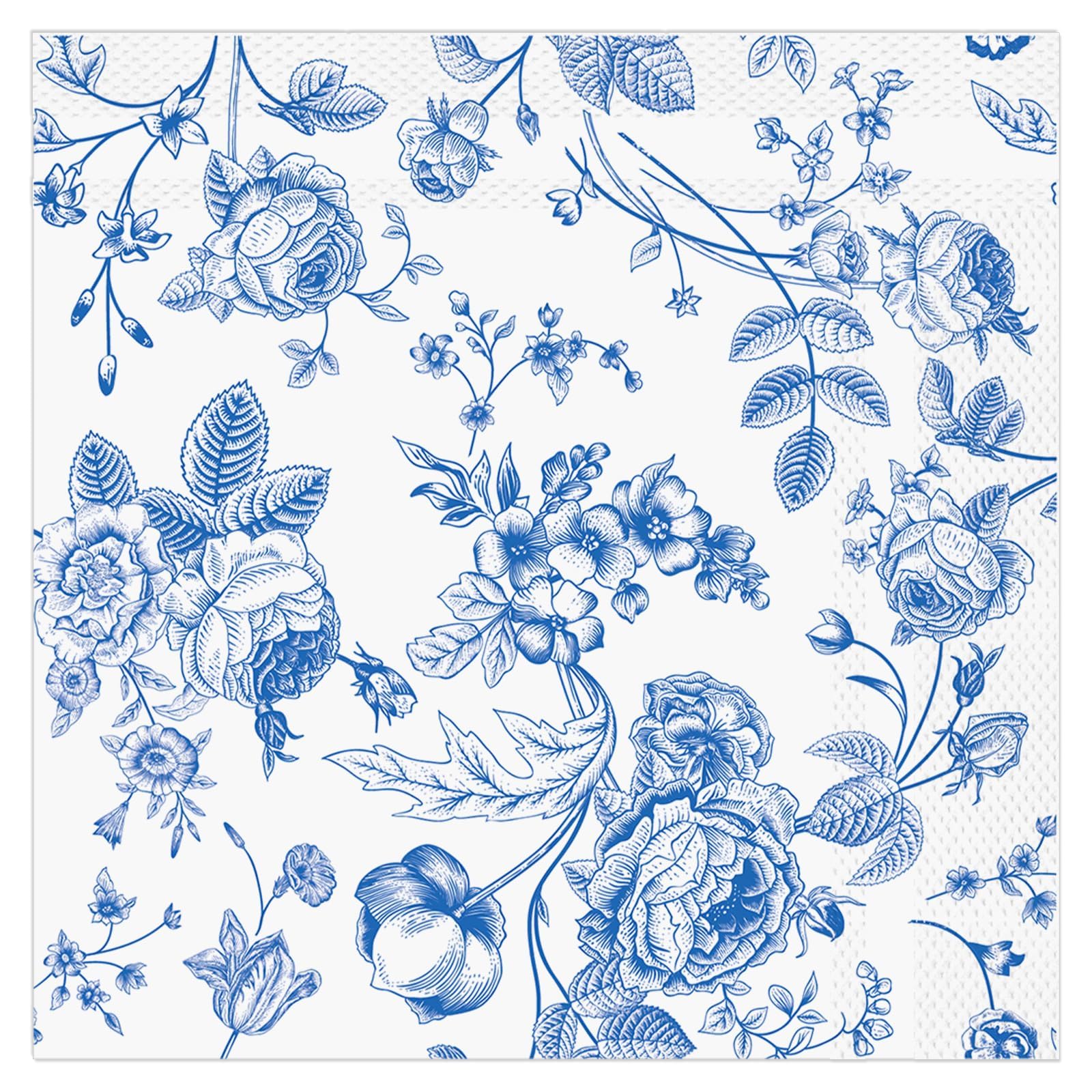 Lonfliness 120Pcs Blue Floral Napkins 2 Designs Flower Chinoiserie Paper Napkins Blue and White Disposable Decorations Dinner Dessert Supplies for Wedding Birthday Baby Bridal Shower Tea Party Decor