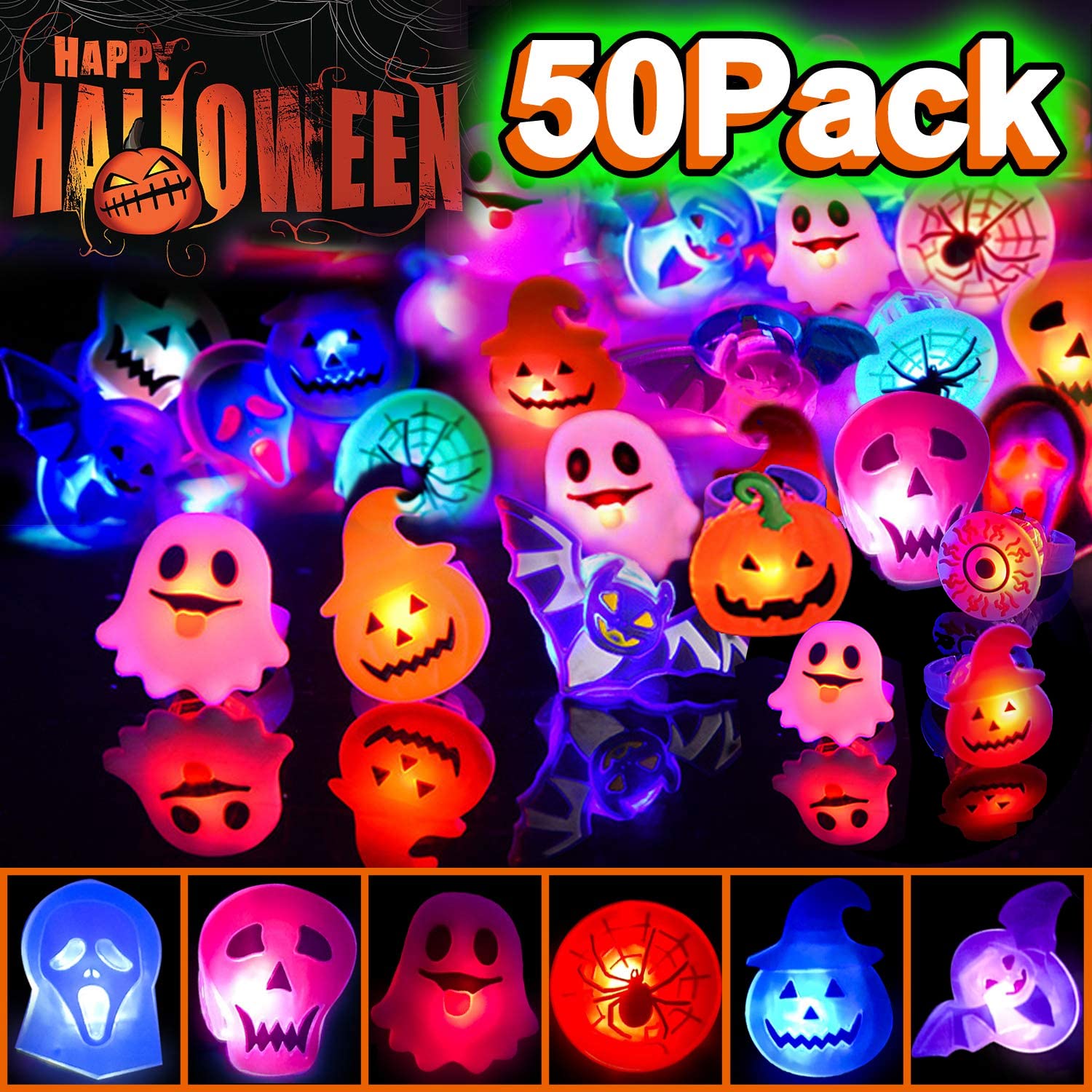 XUANMEIKE 50pcs 50pcs Halloween LED Rings, Halloween Party Favors Glow in the Dark Party Supplies, Halloween Light Up Rings Perfect for Trick or Treat Gifts and Halloween Favors